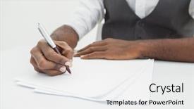  Presentation with writing notes - Presentation design enhanced with businessman writing notes on paper background and a white colored foreground