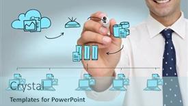  Presentation with writing pen - Slide deck featuring businessman writing on camera with a black marker pen against grey vignette background and a light blue colored foreground