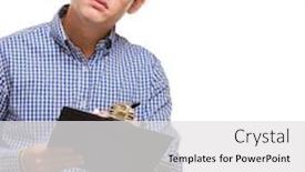  Presentation with writing - Colorful PPT theme enhanced with businessman writing on clipboard on white background backdrop and a white colored foreground