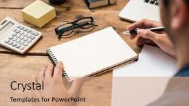  Presentation with note - Presentation design featuring businessman writing or drawing background and a coral colored foreground