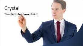  Presentation with writing pen - Amazing slide deck having businessman writing something with pen on white background backdrop and a white colored foreground
