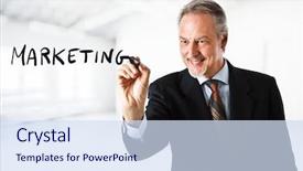  Presentation with marketing - Colorful slide deck enhanced with businessman writing the word marketing on the screen backdrop and a sky blue colored foreground