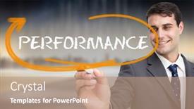  Presentation with performance - PPT theme with businessman writing the word performance against cityscape on the horizon background and a coral colored foreground