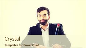  Presentation with writing - Audience pleasing PPT theme consisting of businessman writing with big pencil backdrop and a  colored foreground