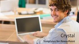  Presentation with laptop - Audience pleasing slide set consisting of businessman writting on his laptop backdrop and a coral colored foreground