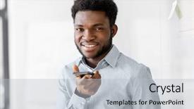  Presentation with business communication - Presentation theme having businessmanr calling or using voice background and a light gray colored foreground