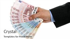  Presentation with european currency - Cool new theme with businessmans hand holding european union currency against white background backdrop and a white colored foreground