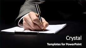  Presentation with automatic hand sanitizer dispenser - Presentation design consisting of businessman's hand with pen background and a black colored foreground