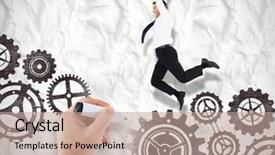  Presentation with page - Slides enhanced with businessmans hand writing with marker against crumpled white page background and a coral colored foreground