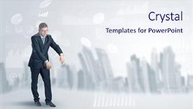  Presentation with report - Beautiful PPT theme featuring businessmans nightmare - young elegant businessman with city backdrop and a sky blue colored foreground