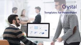  Presentation with businessmen overcome financial crisis - Audience pleasing PPT theme consisting of power point presentation - two businessmen analyzing stats financial backdrop and a sky blue colored foreground