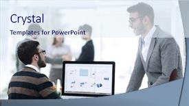  Presentation with financial - Beautiful presentation theme featuring power presentation - two businessmen analyzing stats financial backdrop and a sky blue colored foreground