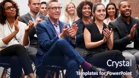  Presentation with conference - Slide deck featuring businessmen and businesswomen applauding presentation background and a navy blue colored foreground