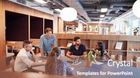  Presentation with meeting - Cool new slides with businessmen and businesswomen having informal backdrop and a violet colored foreground