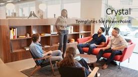  Presentation with meeting - Amazing PPT layouts having businessmen and businesswomen having informal backdrop and a coral colored foreground