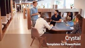  Presentation with meeting - PPT layouts with businessmen and businesswomen having informal background and a tawny brown colored foreground