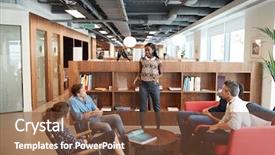  Presentation with meeting - PPT layouts enhanced with businessmen and businesswomen having informal background and a tawny brown colored foreground