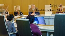  Presentation with round table - PPT theme featuring businessmen-and-businesswomen-sitting background and a gold colored foreground