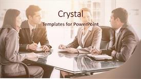  Presentation with meeting table - Cool new PPT layouts with businessmen and businesswomen talking during a meeting sitting at a table backdrop and a lemonade colored foreground
