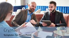  Presentation with questions - Beautiful presentation featuring businessmen-answering-questions-on-contract backdrop and a light blue colored foreground