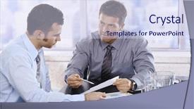  Presentation with business report - Colorful slide set enhanced with businessmen discussing business report sitting at meeting table in office backdrop and a sky blue colored foreground
