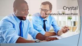  Presentation with data - Audience pleasing PPT layouts consisting of businessmen discussing data for new backdrop and a coral colored foreground