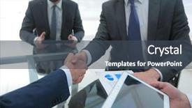  Presentation with ceo promotion - Slide deck having businessmen handshaking congratulating on promotion background and a ocean colored foreground