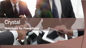  Presentation with promotion - Colorful presentation enhanced with businessmen handshaking congratulating on promotion backdrop and a violet colored foreground