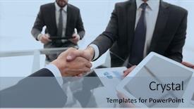  Presentation with promotion - Slide set enhanced with businessmen handshaking congratulating on promotion background and a light blue colored foreground