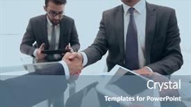  Presentation with ceo promotion - Slide set enhanced with businessmen handshaking congratulating on promotion background and a seafoam green colored foreground