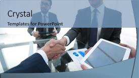  Presentation with promotion - Audience pleasing presentation design consisting of businessmen handshaking congratulating on promotion backdrop and a teal colored foreground