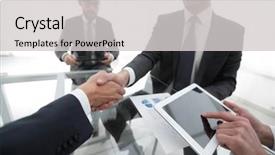  Presentation with ceo promotion - Slide deck enhanced with businessmen handshaking congratulating on promotion background and a light gray colored foreground