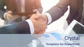  Presentation with ceo promotion - Beautiful slide deck featuring businessmen handshaking congratulating on promotion backdrop and a sky blue colored foreground