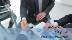  Presentation with promotion - Audience pleasing slides consisting of businessmen handshaking congratulating on promotion backdrop and a light blue colored foreground