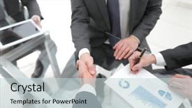  Presentation with health promotion - Cool new presentation theme with businessmen handshaking congratulating on promotion backdrop and a lemonade colored foreground