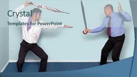  Presentation with sword - Beautiful slides featuring businessmen having a sword fight backdrop and a sky blue colored foreground