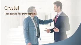  Presentation with new office - Beautiful PPT layouts featuring businessmen having discussion in new backdrop and a  colored foreground