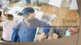  Presentation with covid - Amazing slide set having businessmen-keep-their-distance backdrop and a coral colored foreground