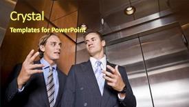  Presentation with elevator - Beautiful PPT theme featuring businessmen riding in elevator conversing backdrop and a tawny brown colored foreground