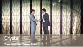  Presentation with shaking hands - Presentation design having businessmen shaking hands against room background and a coral colored foreground