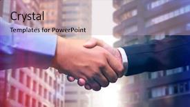  Presentation with shaking hands - Amazing slide set having businessmen shaking hands against view of the city buildings backdrop and a soft green colored foreground