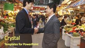  Presentation with shaking hands - Beautiful slides featuring businessmen shaking hands at street backdrop and a tawny brown colored foreground