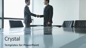  Presentation with board meeting room chairs - Beautiful theme featuring businessmen shaking hands in meeting backdrop and a light blue colored foreground