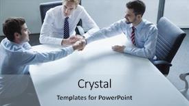  Presentation with hands down - Colorful PPT theme enhanced with businessmen shaking hands backdrop and a light blue colored foreground