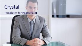  Presentation with first meeting - Slide set consisting of businessmen sitting behind a table background and a  colored foreground