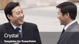  Presentation with businessmen overcome financial crisis - Beautiful PPT layouts featuring businessmen-smiling-to-each backdrop and a  colored foreground