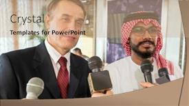  Presentation with microphones - PPT theme enhanced with businessmen-standing-in-front background and a coral colored foreground