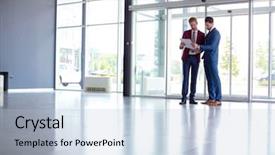  Presentation with examination hall - Slides having businessmen studying papers at hall background and a light blue colored foreground