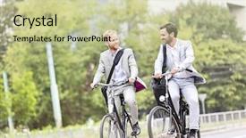  Presentation with cycling - Audience pleasing slides consisting of businessmen talking while cycling outdoors backdrop and a soft green colored foreground