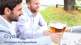  Presentation with restaurant toasting - Colorful slides enhanced with businessmen toasting beer glasses with female colleague at outdoor restaurant backdrop and a sky blue colored foreground